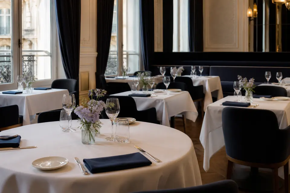 Restaurant d’hôtel avec nappes blanches et serviettes bleu marine